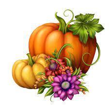 two pumpkins, one bigger and one small, adorned with a big green leaf and different colored flowers.