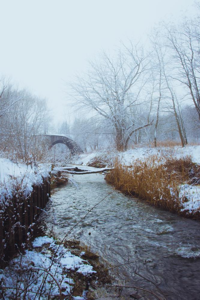 Stream with a grassy snowy bank and a bridge in the distance