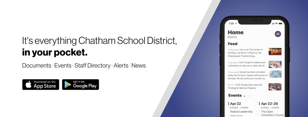 An iphone with wording about the new Chatham School District App