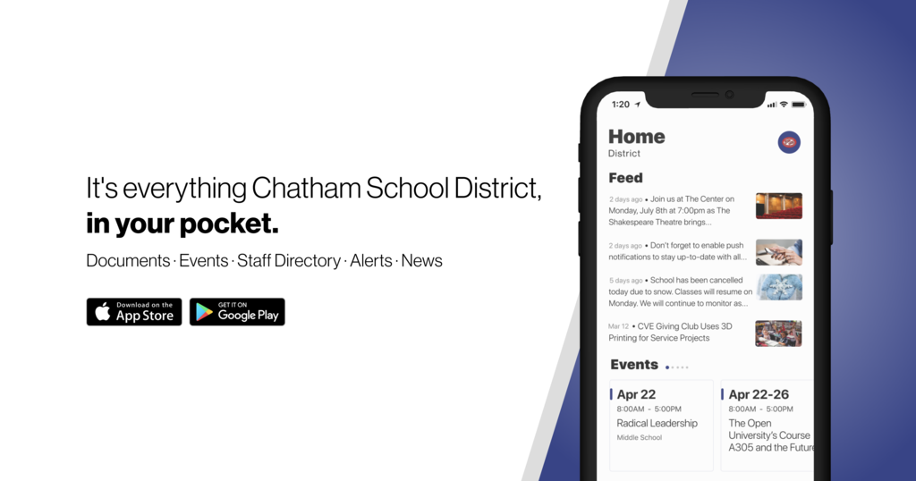 An iphone with wording about the new Chatham School District App